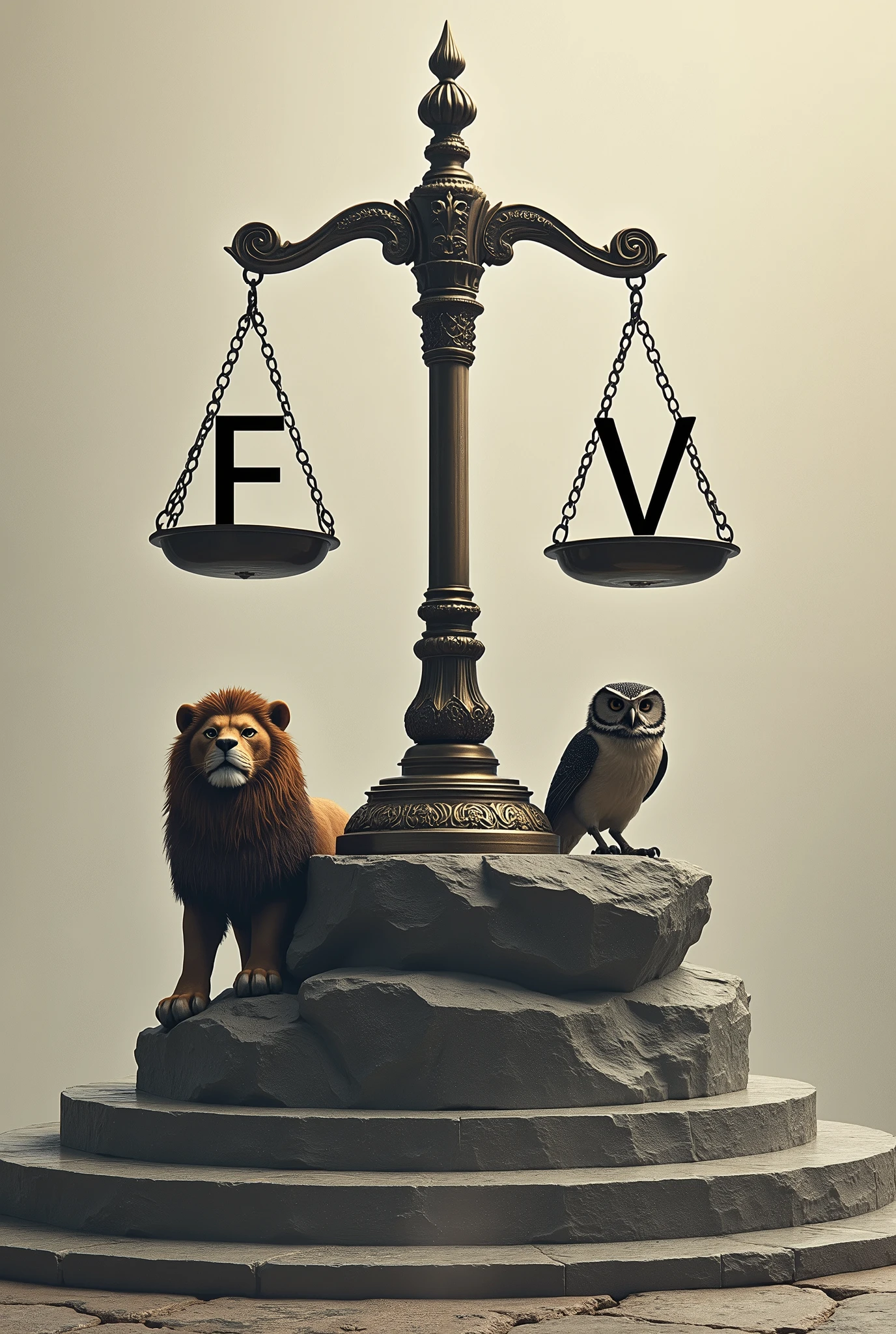 Scales of justice with lion and owl and letter E on the left and letter V on the right