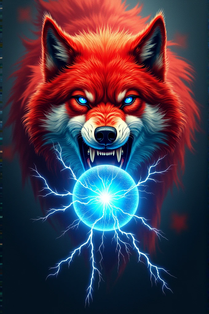 Illustration based on works by neotraditional and new school tattoo artists, It must be the front face of a red wolf with its mouth open as if it were screaming and emitting a sphere of blue light from its mouth with some thunder coming out of the sphere of light based on the artist David Mention from Colombia and Brandon Chiesa.