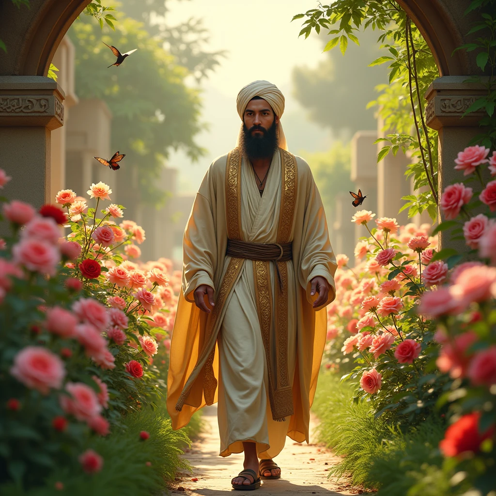 a muslim man waking into a flower garden