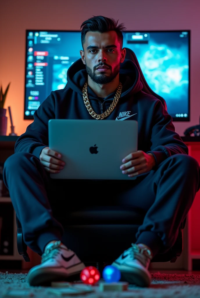 high resolution, ultra detaild), (cinematic), (ultra HD), seen from the front Alone, nike tracksuit light skin tone outfit set tracksuit gucci,gold chain on neck , goatee on the chin and beard,sitting gamer chair macbook on lap, in the background a curved screen monitor,, 2 dice on the floor, one blue and one red, a lot of money, de casino,