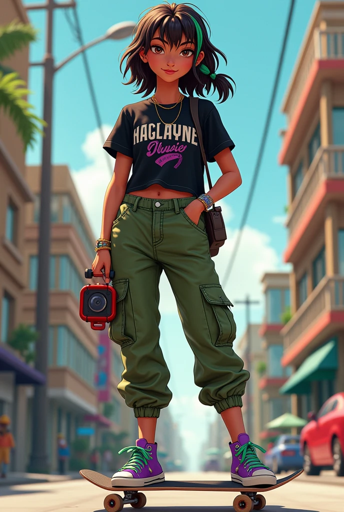 Create a cinnamon-colored brunette with brown eyes and dark brown hair who is a skateboarder and really likes to make art and she is an artist , with some green streaks in her hair and with a black t-shirt and with some details in purple, red and green and with a name written Haglaynne and with cargo pants in the realistic version.