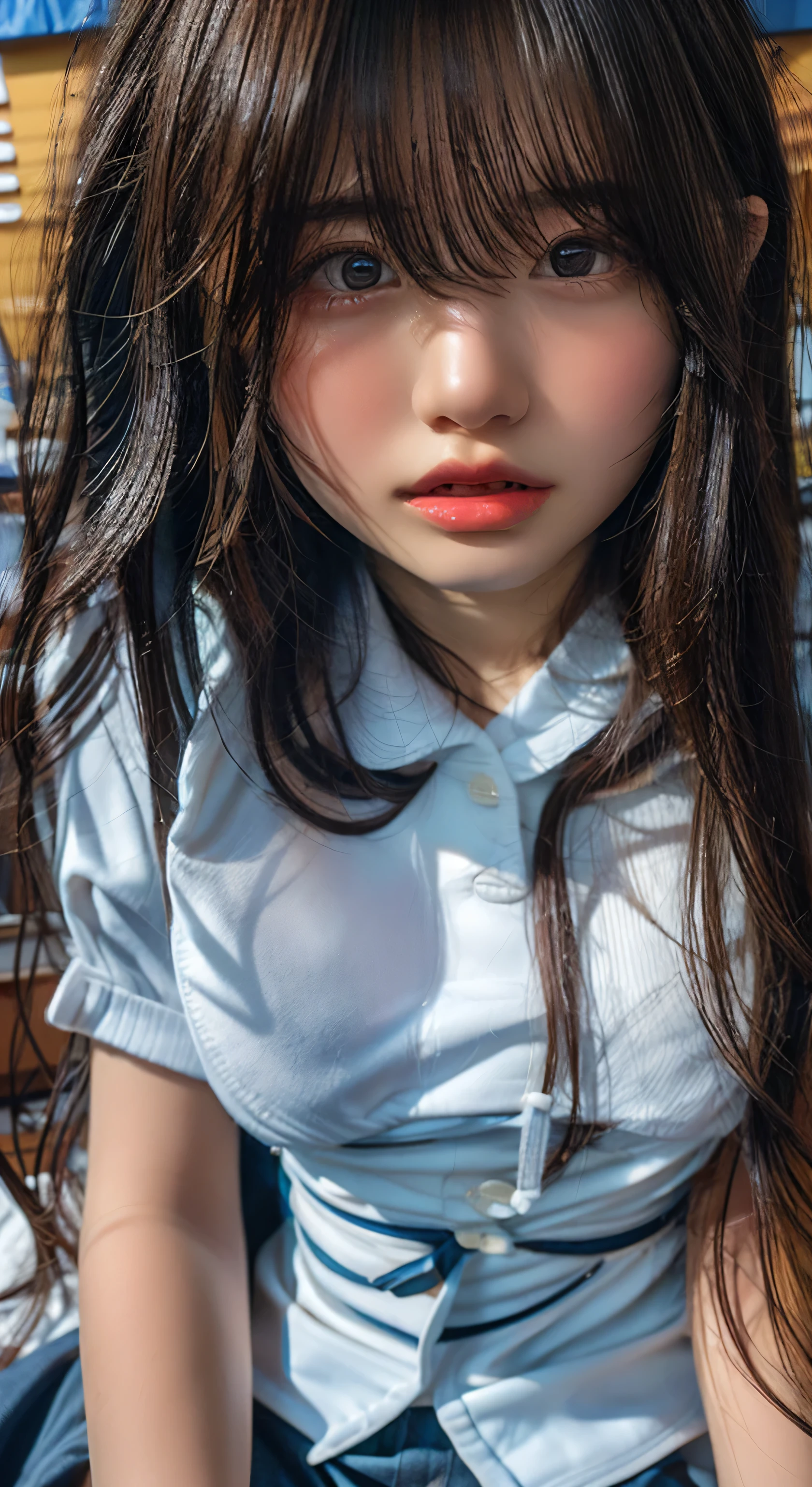 (Highest quality、Tabletop、、Best image quality、Award-winning works)、Extremely cute and lewd high school girl、White polyester collared shirt ripped because her breasts were too big、Short sleeve:1.4)、(Navy Pleated Skirt:1.1)、Girl portrait photography、Glowing Skin、Brown Hair、Are standing、View your viewers、Sculpture Pose、(Classroom Background:1.45)、(Large Breasts:1.8)、Accentuate your body lines:1.1)、Very large red ribbon tie、Very long hair:1.75、((A face begging a man to rape her:1.95))