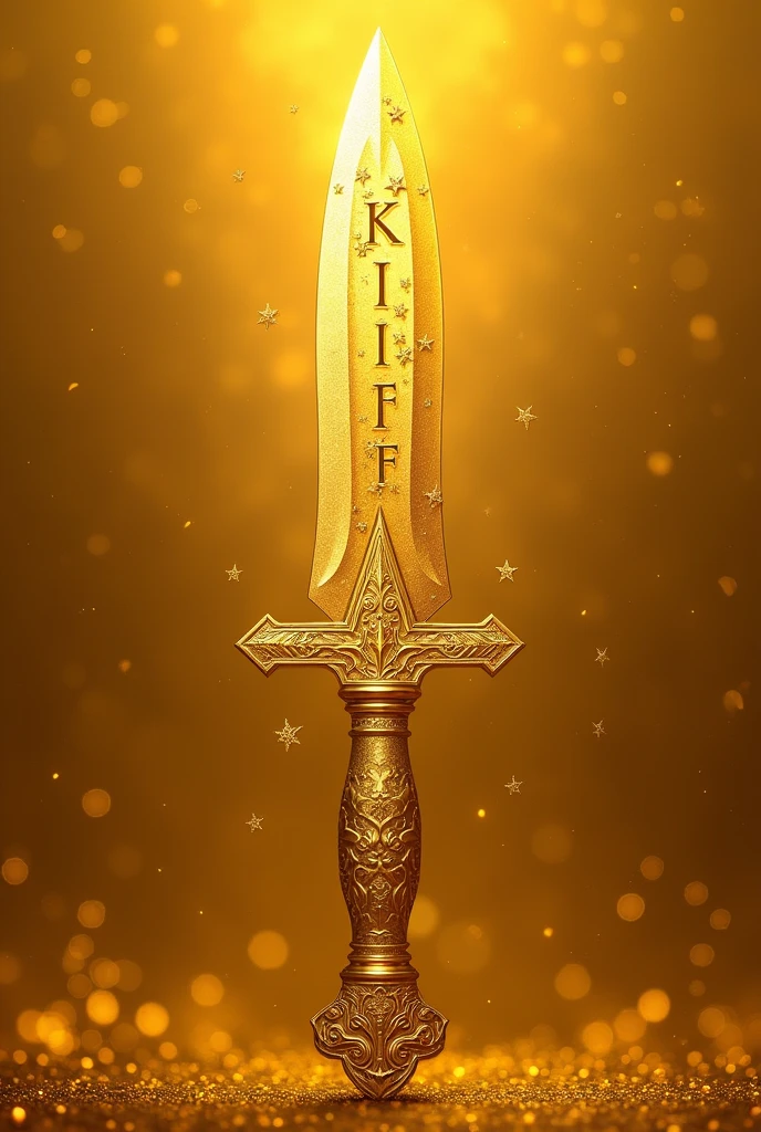 Create a gift,A golden knife with star details,written KNIFE on the gold background