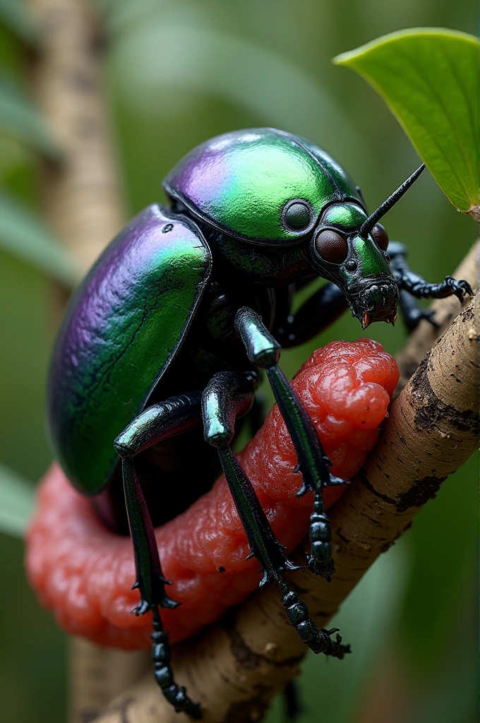A Venomous Greenmixed purple sago palm beetle on a sago palm tree with their reddish sago palm worm .