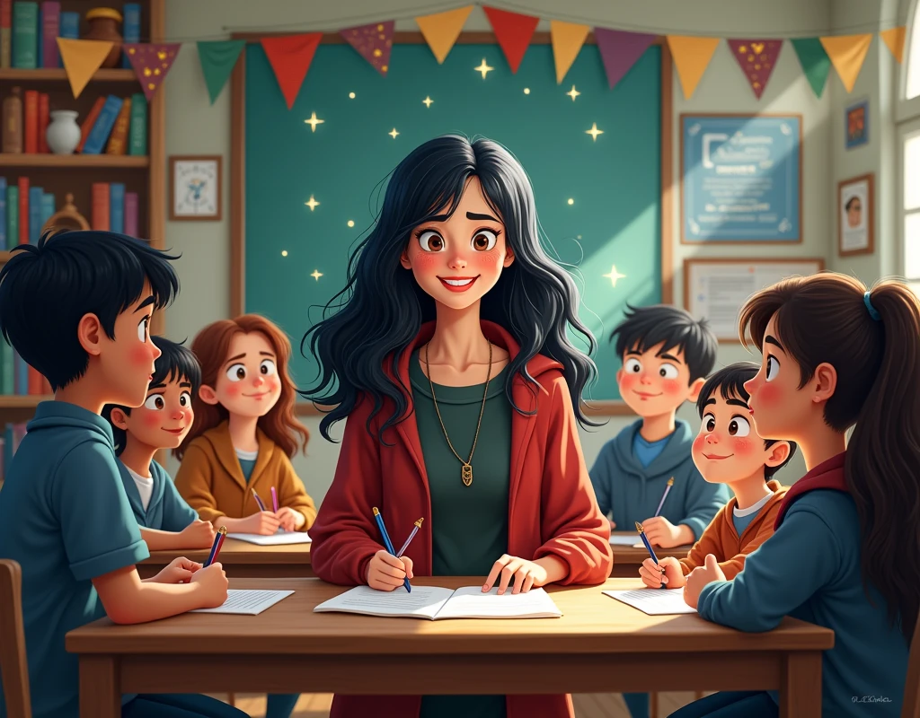 Horizontal image of an elementary school classroom with a female teacher with black hair and students. A fun Harry Potter themed class, with the four houses of hogwarts

