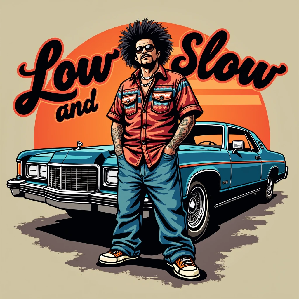 Design a logo for a t-shirt called "Low and Slow" vector style The text "Low and Slow" should be rendered in a stylized, cursive script with the words "Low" written in a larger, more prominent font, The logo should have low rider car 76 Lincoln Mark IV and a cartoon of a chicano gangster man with a penedleton shirt and baggie pants low rider style The overall aesthetic should be raw, edgy, and attention-grabbing, blending the worlds of street art and high-fashion. gangster style