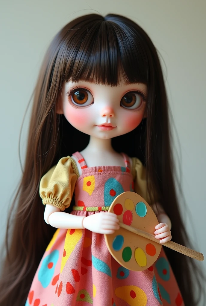 Create a white doll with long straight dark brown hair and short bangs, com olhos castanhos, with colorful dress, and holding a brush and color palette in his hand. 