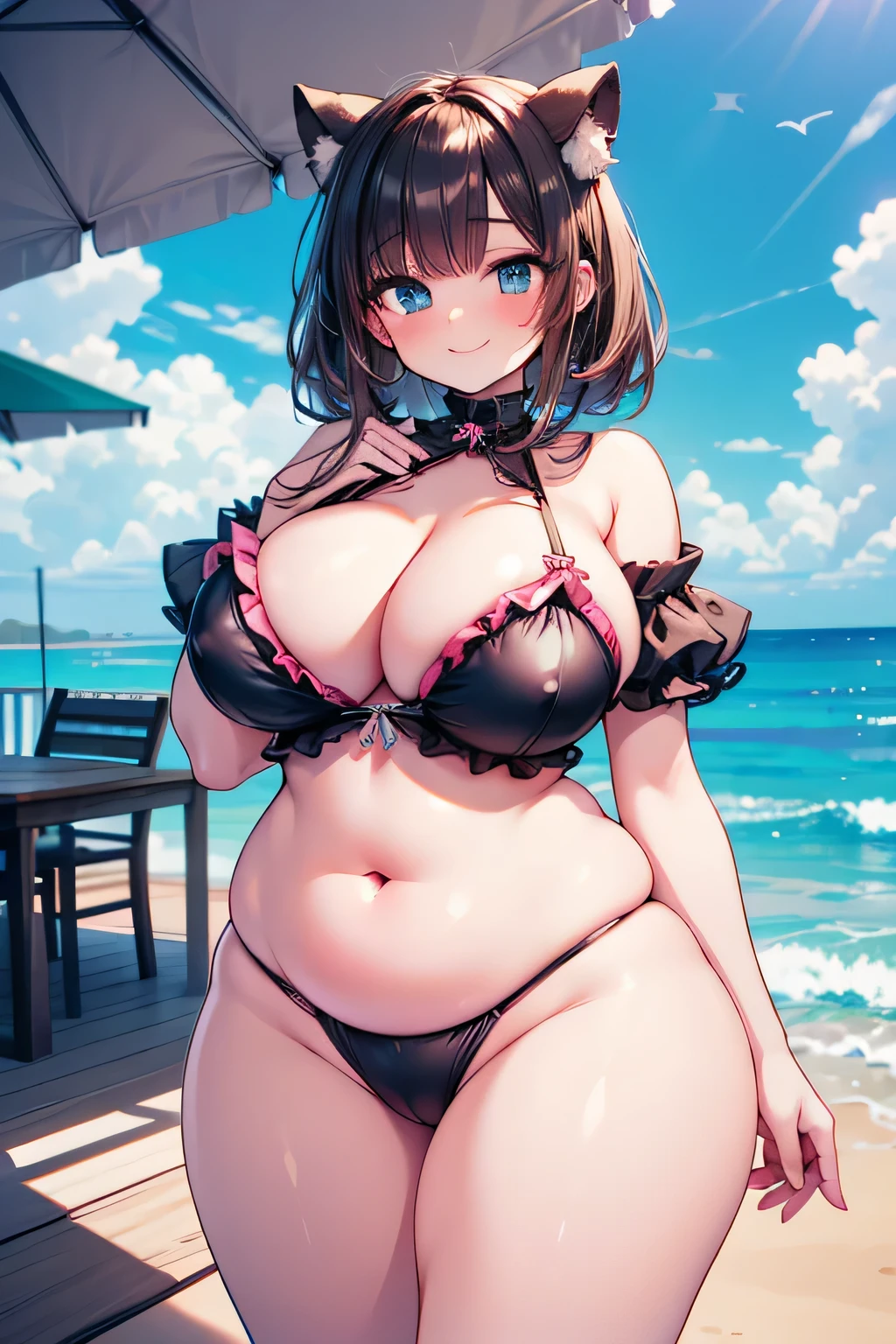 Hentai、High resolution、At a seaside resort lit by indirect lighting, a busty, plump beast girl smiles and bends her knees while standing and spreading her legs.、Perfect proportions、Swimsuit with lots of frills、Cowboy Shot、Fatty thick legs、Clear eyes