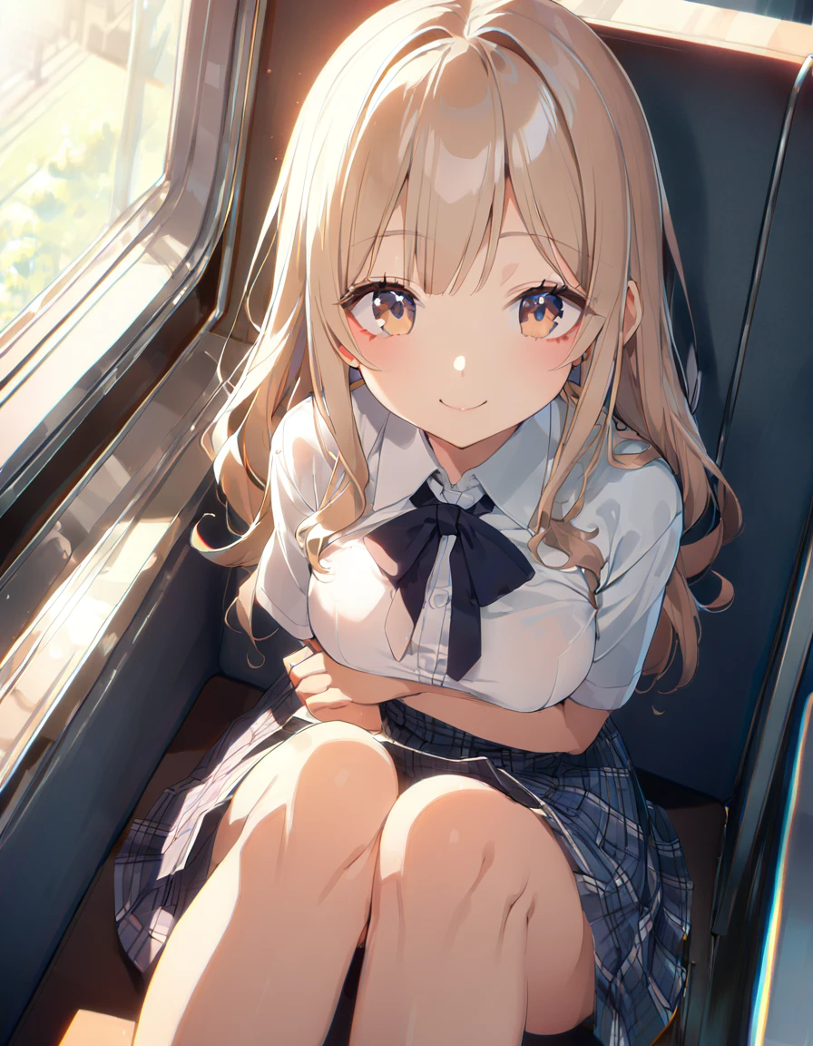 (8K:1.5),anime, cute,high school girl,bend forward,Upper body only, F-cup bust, ribbon, plaid skirt,On train, sitting,(cross one's legs), looking down from above, smiling, natural makeup, eyeliner
