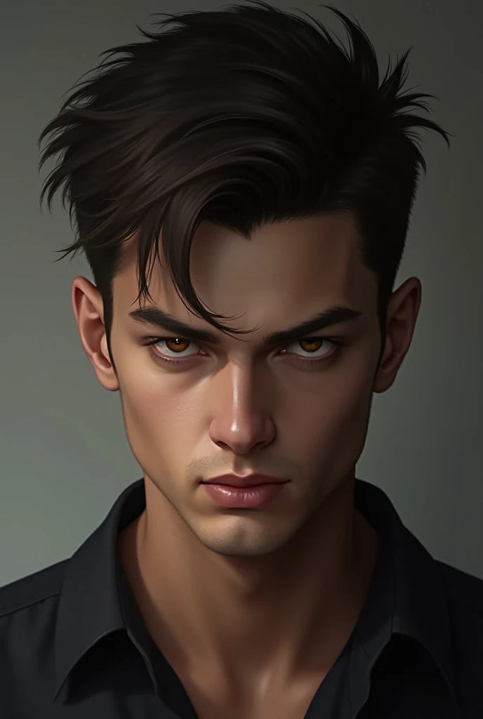 Show a young man with a determined look, perhaps with an expression of confidence or intensity.
