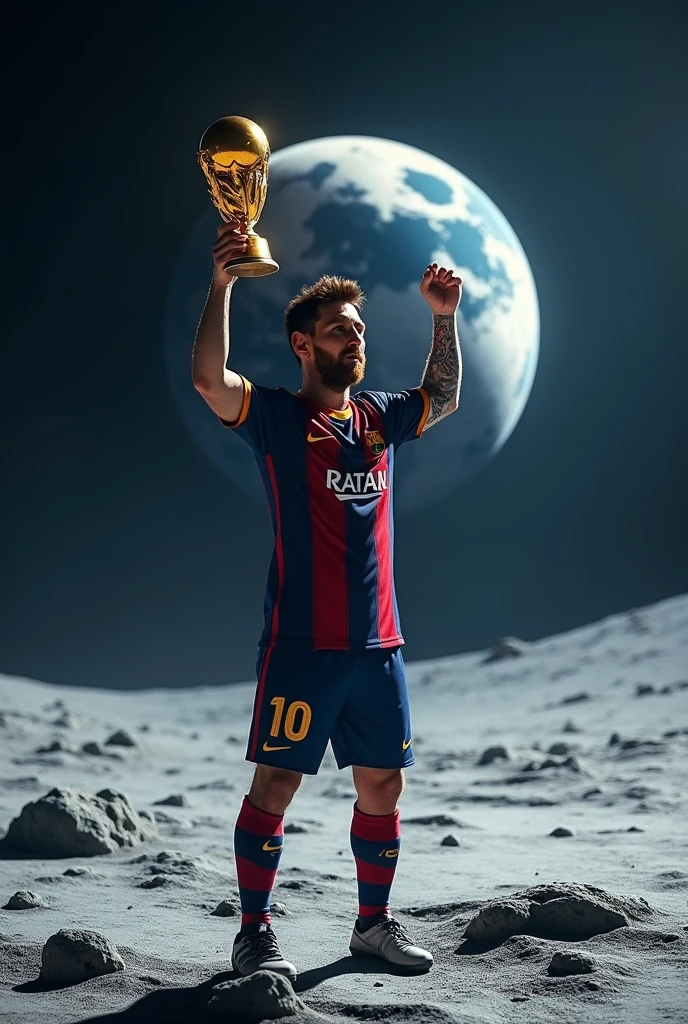 Messi with a golden ball on the moon
