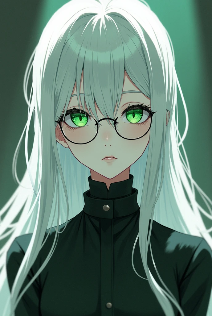 Anime Style, Male, White Skin, Green Emerald Eyes, Semi-closed Eyes, Long White Hair, Elegant Clothes, Serious Expression, Ambigous Sex, Round Glasses