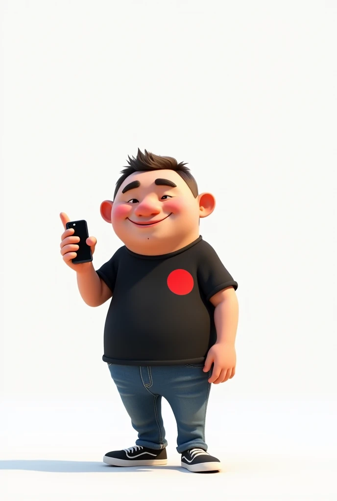 Create a Disney Pixar style character in a white setting a white man,Round face, narigudo, with thick eyebrows, the short hair, short, wearing a black t-shirt with a red circle on the left chest and jeans, with one hand holding a cell phone and the other pointing upwards