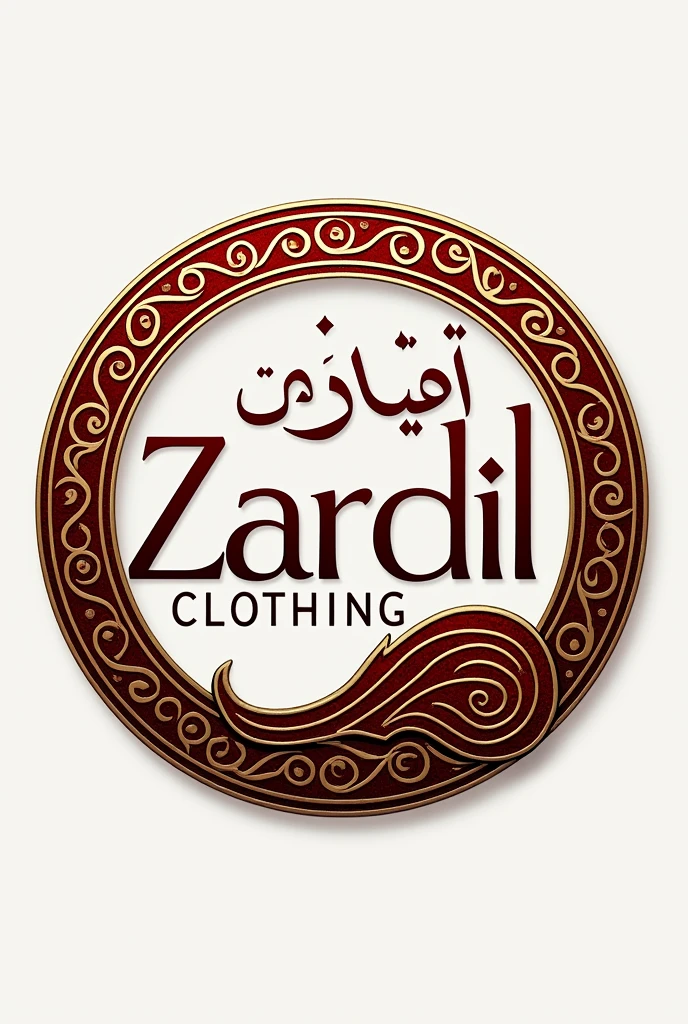 "Design a circular logo for 'Zar Dil clothing' with a traditional paisley motif in rich gold, symbolizing luxury. Add the brand name in a stylish blend of calligraphy and modern serif fonts, with deep red accents for passion. Use black or dark gray for clear, elegant text. The logo should be minimalist yet detailed, with a metallic sheen on the gold elements and a transparent background for versatility. in urdu