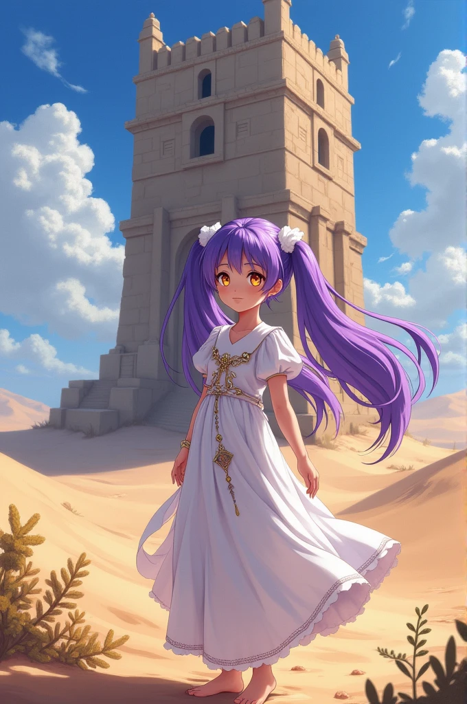 Girl with amethyst pigtails, with white dress and golden eyes in front of a tower in the desert anime