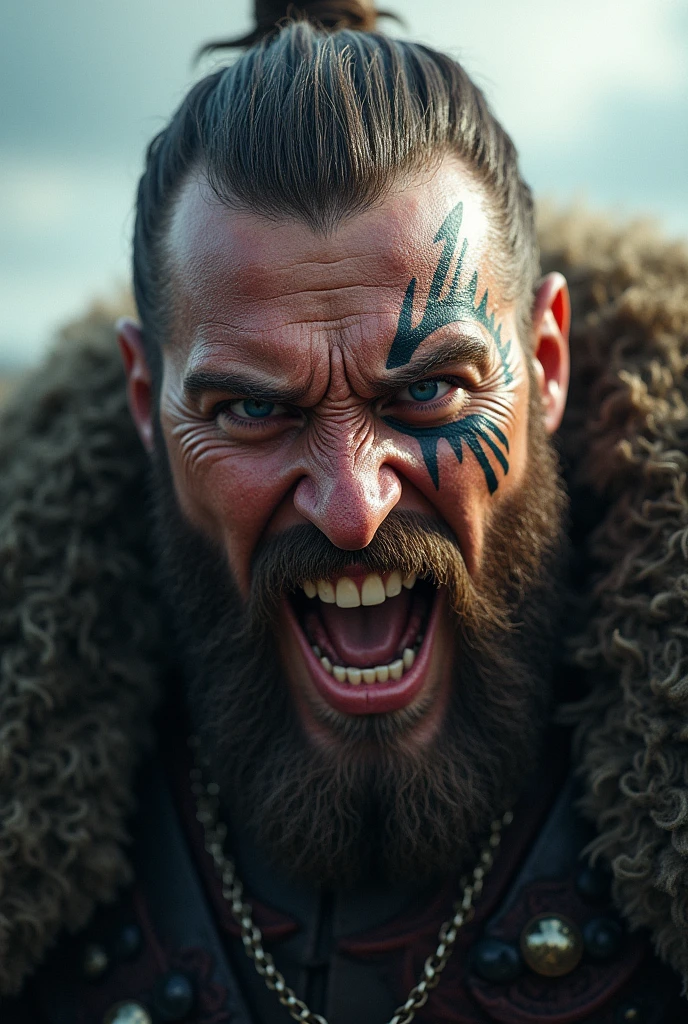  Realistic Viking screaming with teeth bared with a Norse tattoo around his eye and with his eyes open 