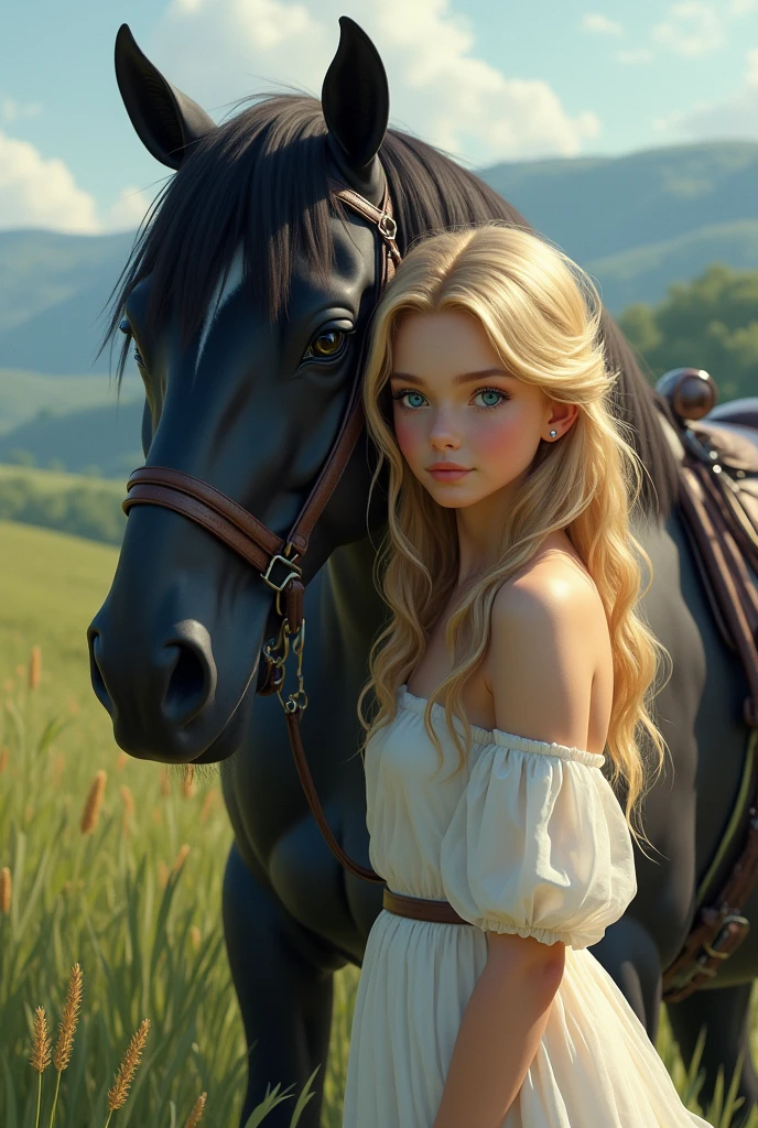 Blonde blue-eyed girl with a black horse
