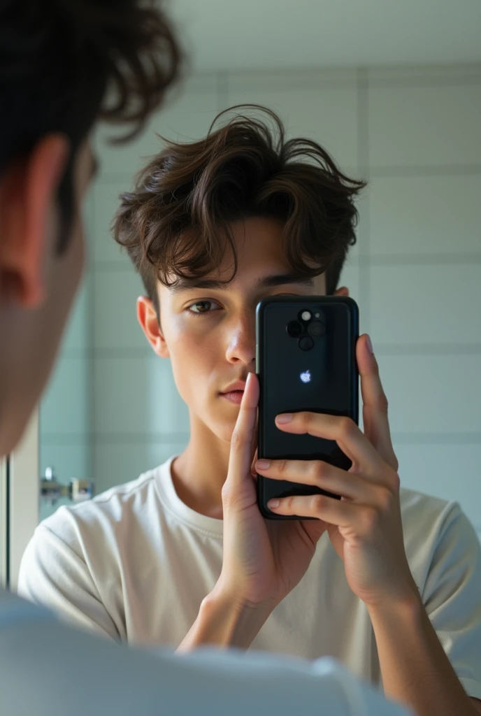 Can you generate an image for me of a handsome 14-year-old boy taking a photo in the mirror and covering his face with the phone? SUPER MEGA IPER ULTRA REALISTIC 1 boy so that his face is almost invisible?