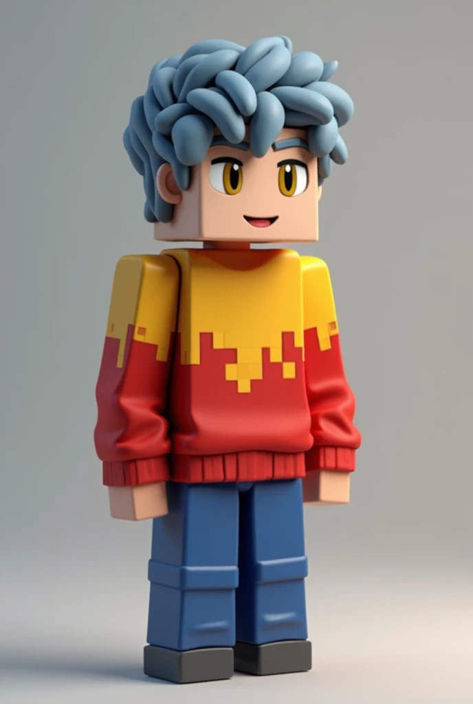 Minecraft model, a boy teenager with bluish gray hair and red and yellow dye, yellow eyes, and a red sweater on the top and blue on the bottom