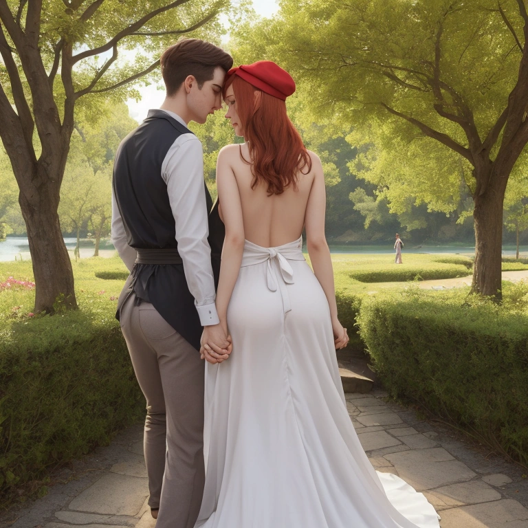 A MAN AND A WOMAN walk hand in hand in a square with lots of greenery and beautiful nature. THERE IS A LAKE NEXT TO THE PATH THEY WALK.. a photo of the back, de corpo inteiro. The very beautiful woman , redheadwear, thin waist and very big butt, wearing a VERY SHORT light and flowery dress SHE PULLS UP THE BOTTOM OF THE DRESS WITH HER HANDS TO SHOW HER NAKED BUTT TO THE PHOTOGRAPHER. the man a little taller than her. The dress goes up and shows the woman's butt without panties. Couple holding hands.