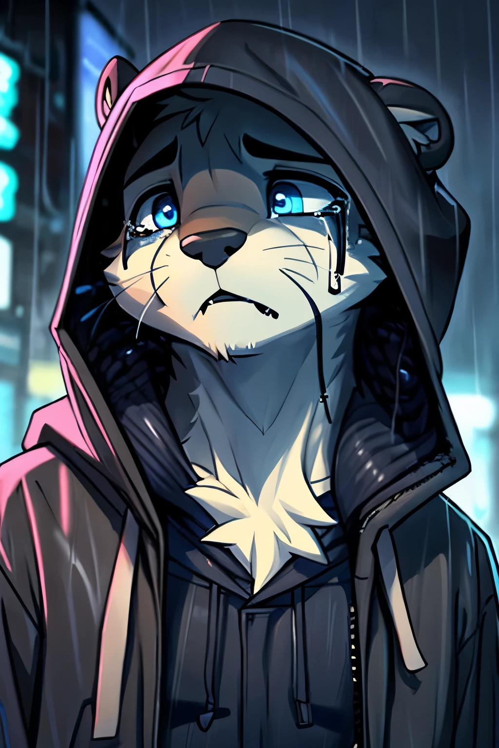 muste piece、highest quality、solo、rain、hood、fur、hood、Jacket、Upper body、hood Jacket、closed your mouth、sad, weeping, raincoat、otter、hairy、blue eye、Portrait、muste piece、highest quality、Black trench coat, Cyberpunk Personality