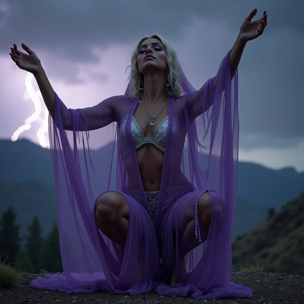 1 extremely gorgeous and seductive nubile Moroccan sorceress, wearing extreme eye makeup from original series Star Trek, and eyes wide open in mindless stare and with arms raised high in prayer to her deity, and she's covered from the shoulder down by a purple gossamer body veil while wearing an erotic harem sorceress regalia, and doing extreme squatting, 3:4 full frontal body portrait, ((merge and use young faces of Karen McDougal and Rila Fukushima into best 50/50 blend)), (eyes wide open, wide open eyes, blank stare, best detailed face, best lifelike face, best lifelike nose and eyes), Grecian upstyle hairstyle with high standing ponytail, pucker lips, pale snowy colored skin, huge hoop earrings, bodacious, playboy playmate archetype, perfect bikini body, (((massive breasts))), sweaty, show cameltoe, show underboobs, mindless facial expression, deeply hypnotized facial expression, deeply entranced facial expression, ((primeval backdrop with Intense lightning strikes and severe thunderstorms towering over misty mountains)), (RAW Photo, 12K, best quality, best masterpiece, hires, best realism, best photorealism, vivid colors and natural outdoor lighting)