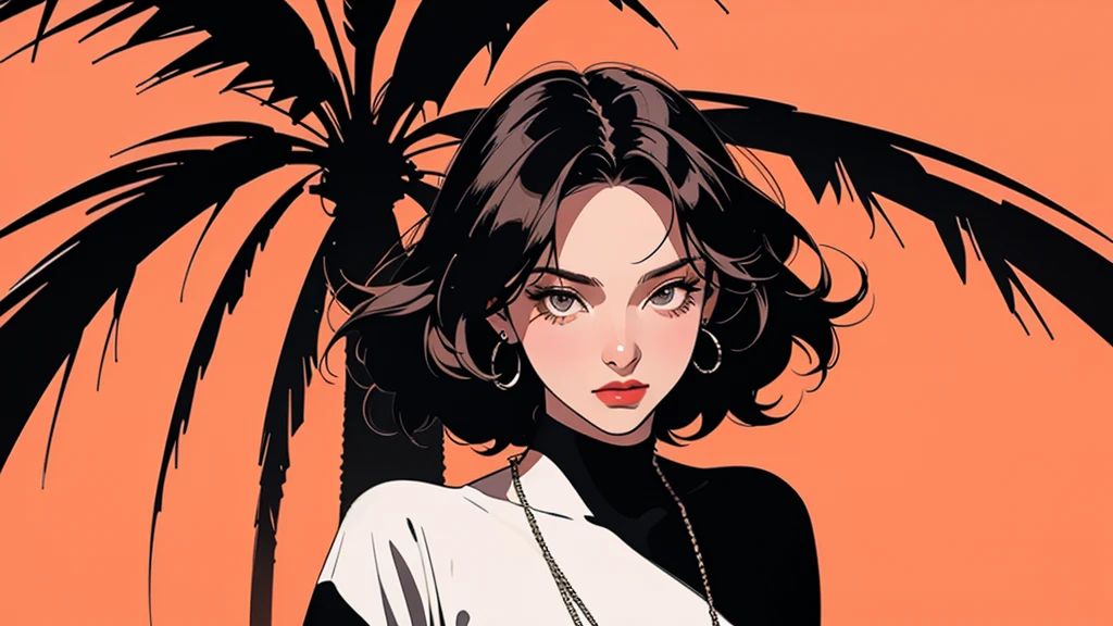 retro girl, Miami, sunset, Ferrari, palm tree, 90s, (Flat color, flat texture, line art:1.2), graphic design, (Heavy ink, ink black),