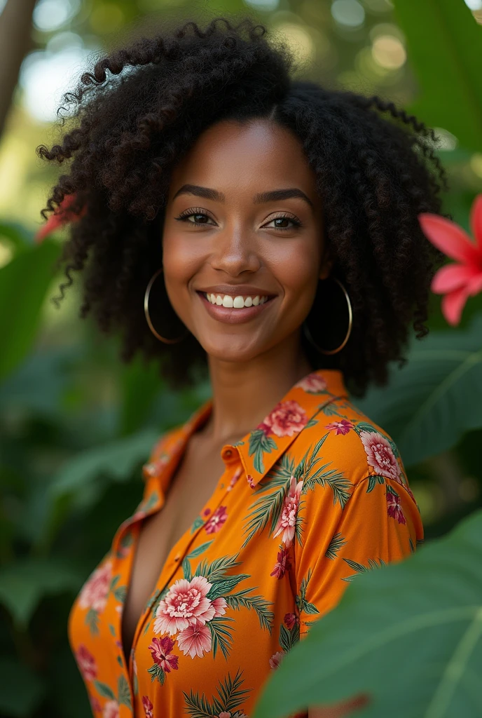 A Brazilian woman in a lush tropical garden, wearing an open shirt with a floral print, with a close-up capturing the harmonious beauty between her breasts and the natural flowers, showing off your natural charm and outgoing personality.