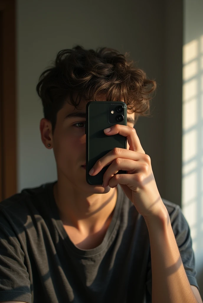 Can you generate an image for me of a handsome 14-year-old boy taking a photo in the mirror and covering his face with the phone? SUPER MEGA IPER ULTRA REALISTIC 1 boy so that his face is barely visible and that it doesn't look so big?