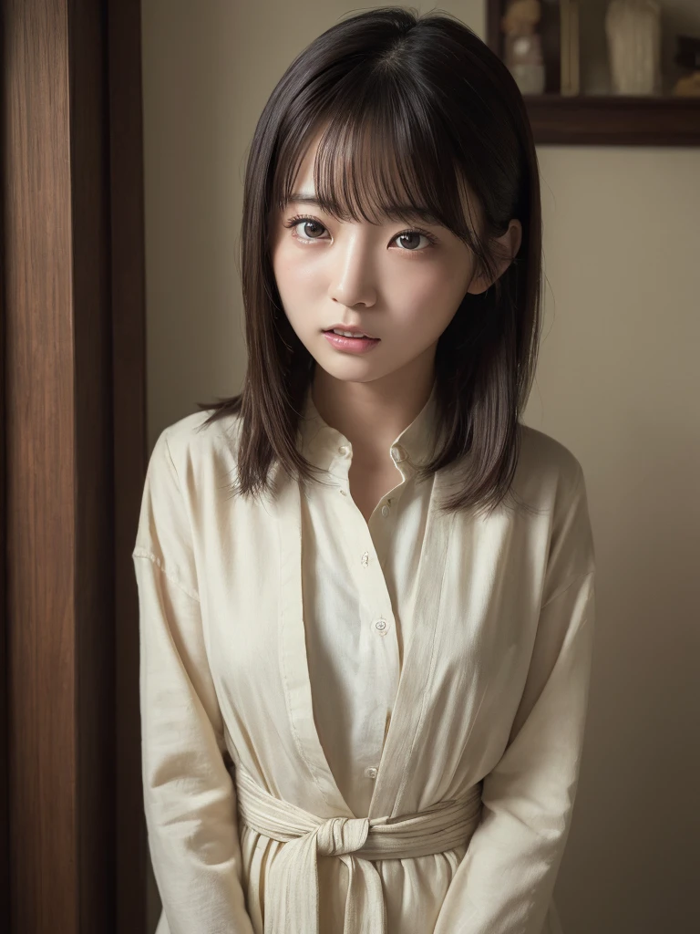 ((Highest quality, masterpiece :1.3)), Realistic、Ultra-high resolution、Natural skin texture、Hyperrealism、Picture from the waist up、A beautiful Japanese girl、Shining Eyes、Being sexually assaulted by a friend、Angry expression、In agony