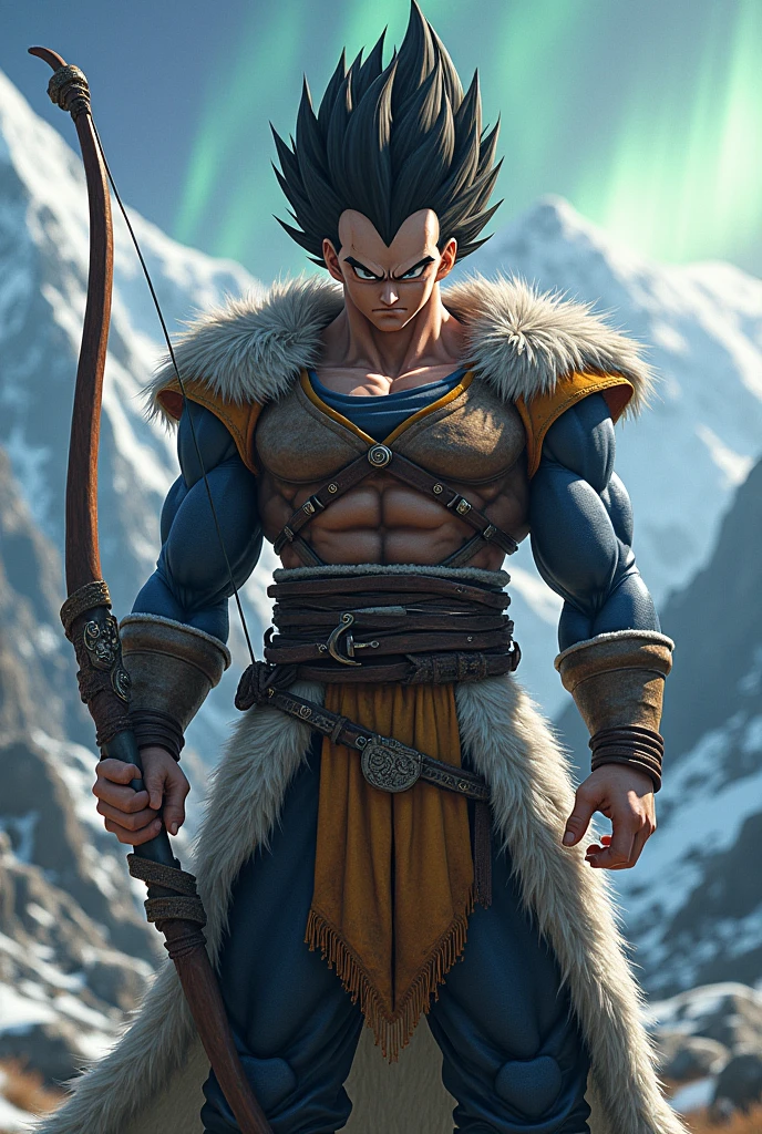 vegeta do anime dragon ball z misturado com the elders scrolls skyrim em pose de arqueiro 