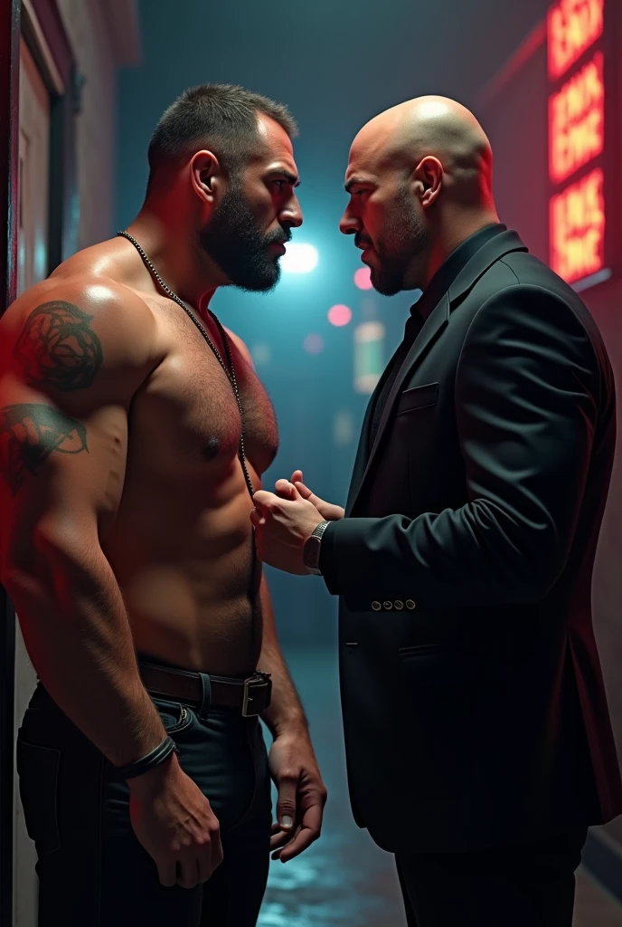 Dante shows fake badge to thug at club entrance ,The bully smiles at him but lets him pass..
The thug is shirtless and muscular and Dante is in a black suit and has no hair.