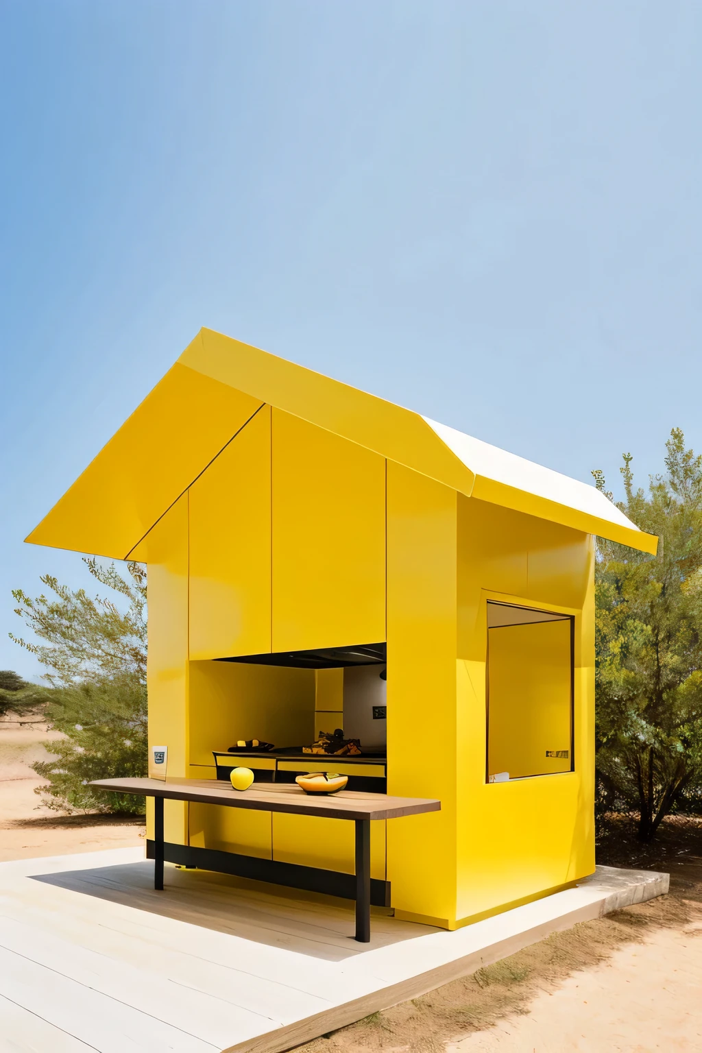 Images of a gastronomy pavilion conceptualized with a yellow-breasted sparrow
