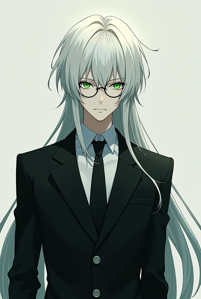 Anime Style, Male, White Skin, Green Emerald Eyes, Semi-closed Eyes, Long White Hair, Elegant black Clothes, Serious Expression, Round Glasses