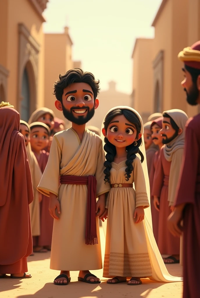 En un estilo Disney Pixar Crear un joven de piel blanca sonriente y regocijado normal size adulto vestido de túnica estilo tiempos bíblicos black hair and eyes, and beard, marrying a white-skinned girl, normal size, beautiful, black hair and eyes ,in a biblical-style Jerusalem village, surrounded by guests all dressed in biblical-style robes. And the guests with hijab on their heads.