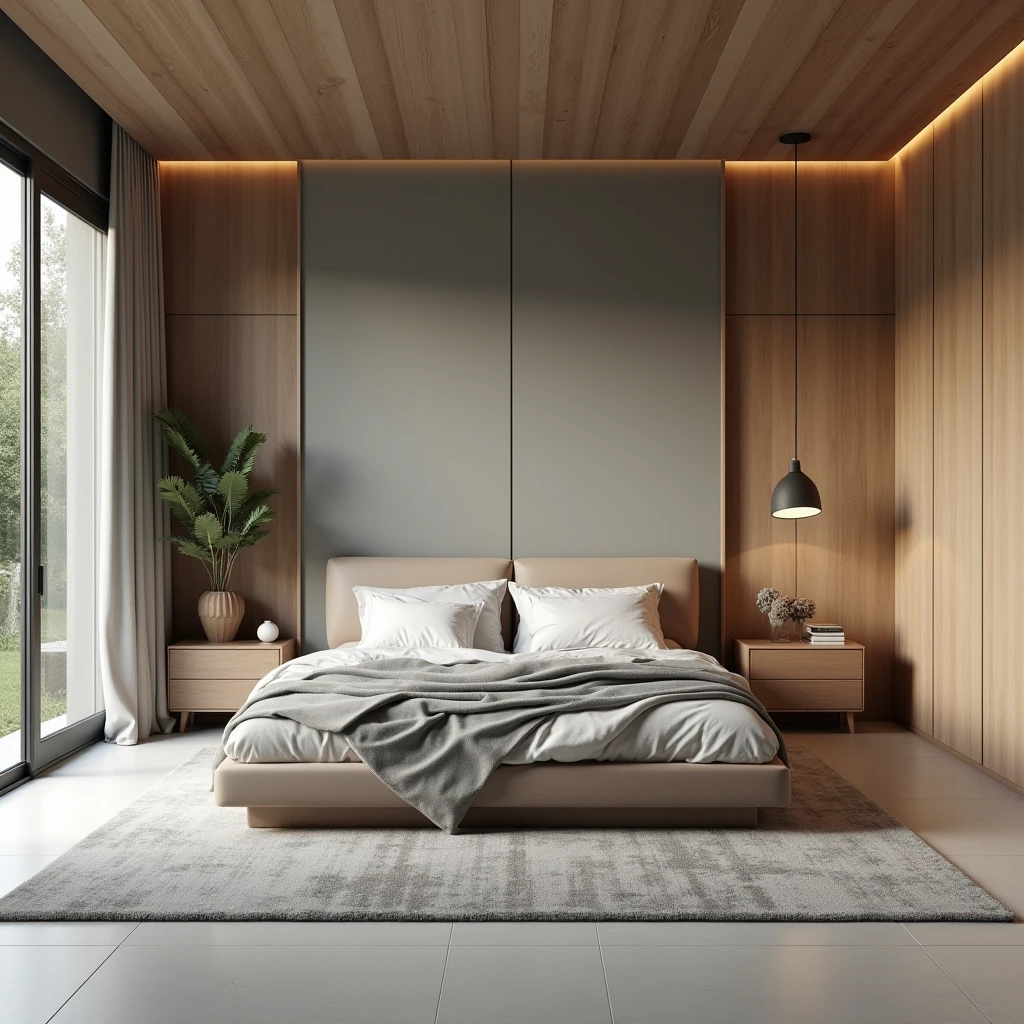 Make a stylish bedroom and wood colors,where you have a the bed, floor grey ,ultra-realista , 8k