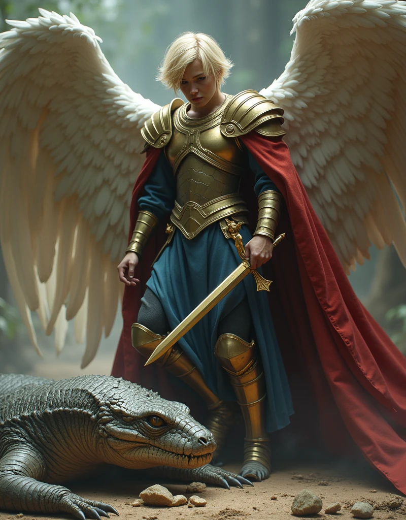 ANGEL WITH SHORT BLONDE HAIR WITH LARGE WINGS, GOLDEN AND BLUE ARMOUR AND RED CAPE WITH SWORD IN RIGHT HAND POINTING TOWARDS THE HEAD OF A HUMANOID REPTILIAN DEMON ON THE GROUND THE ANGEL STEP ON HIS HEAD IN HIS RIGHT HAND HE HAS A GOLDEN SCALE. SEMI-DARK APOCALYPTIC SCENARIO HYPERREALISTIC 8K SUPER DETAILED EPIC ATMOSPHERE