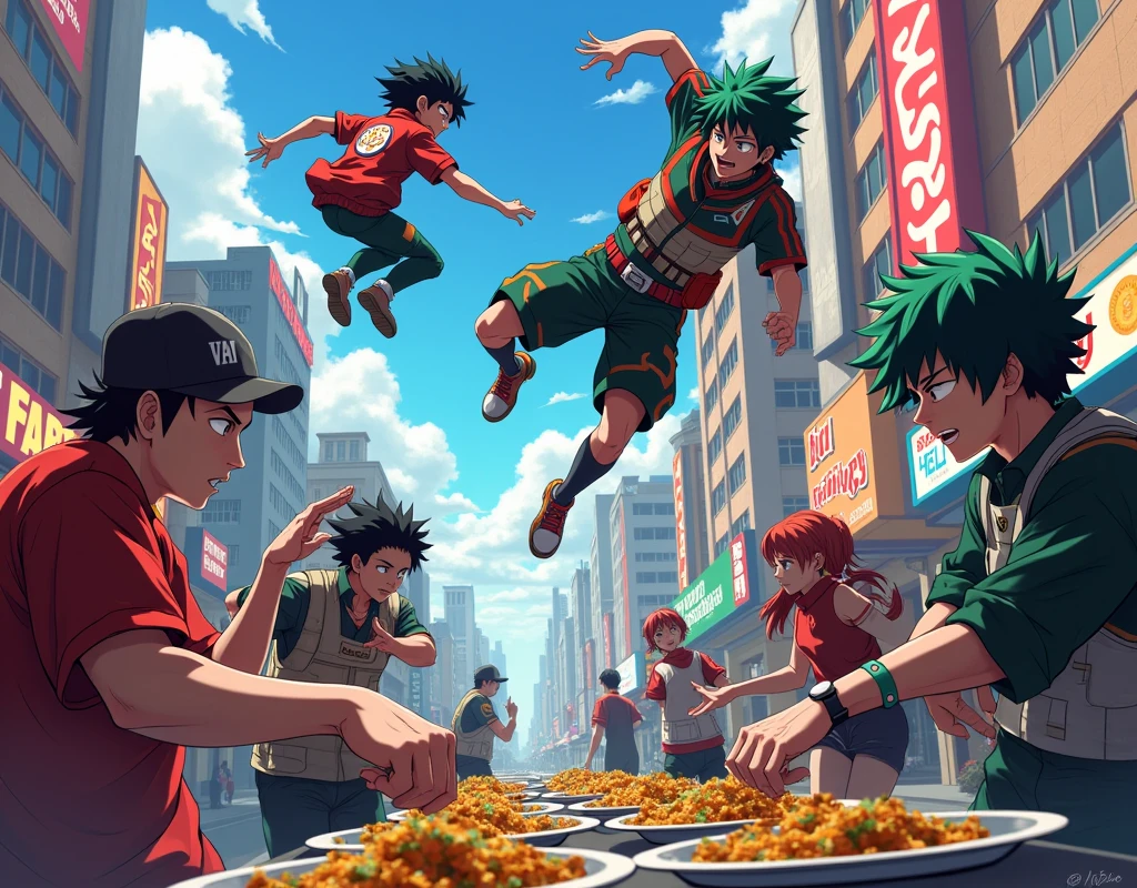 Deku catches Uraraka and Bakugo dances reggaeton with Denji. Todoroki makes some tacos with MafuMafu