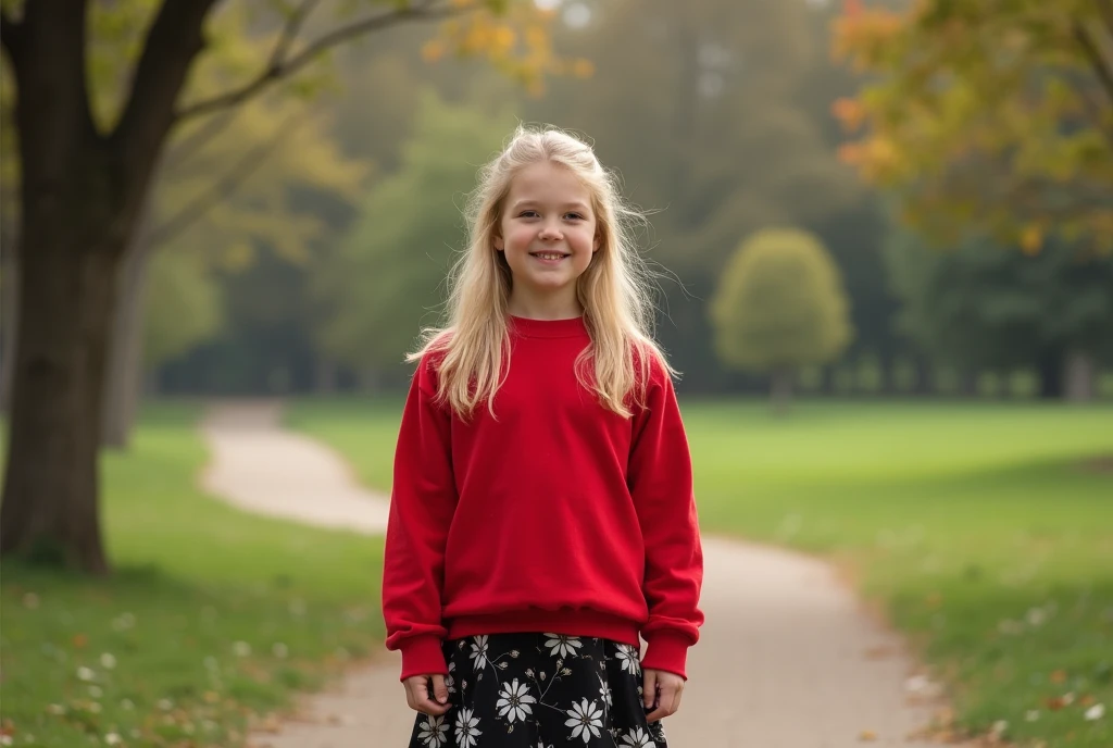 A blonde girl in a red sweatshirt and a black skirt with white flowers halfway to her knees ,in the middle of a park