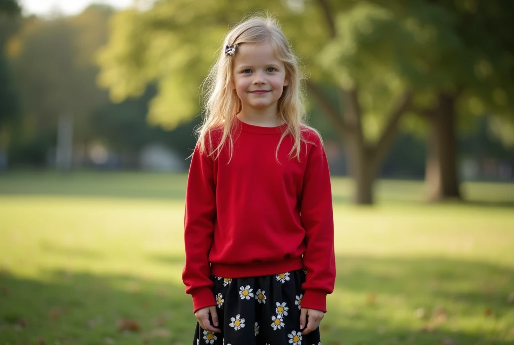 A blonde girl in a red sweatshirt and a black skirt with white flowers halfway to her knees ,in the middle of a park