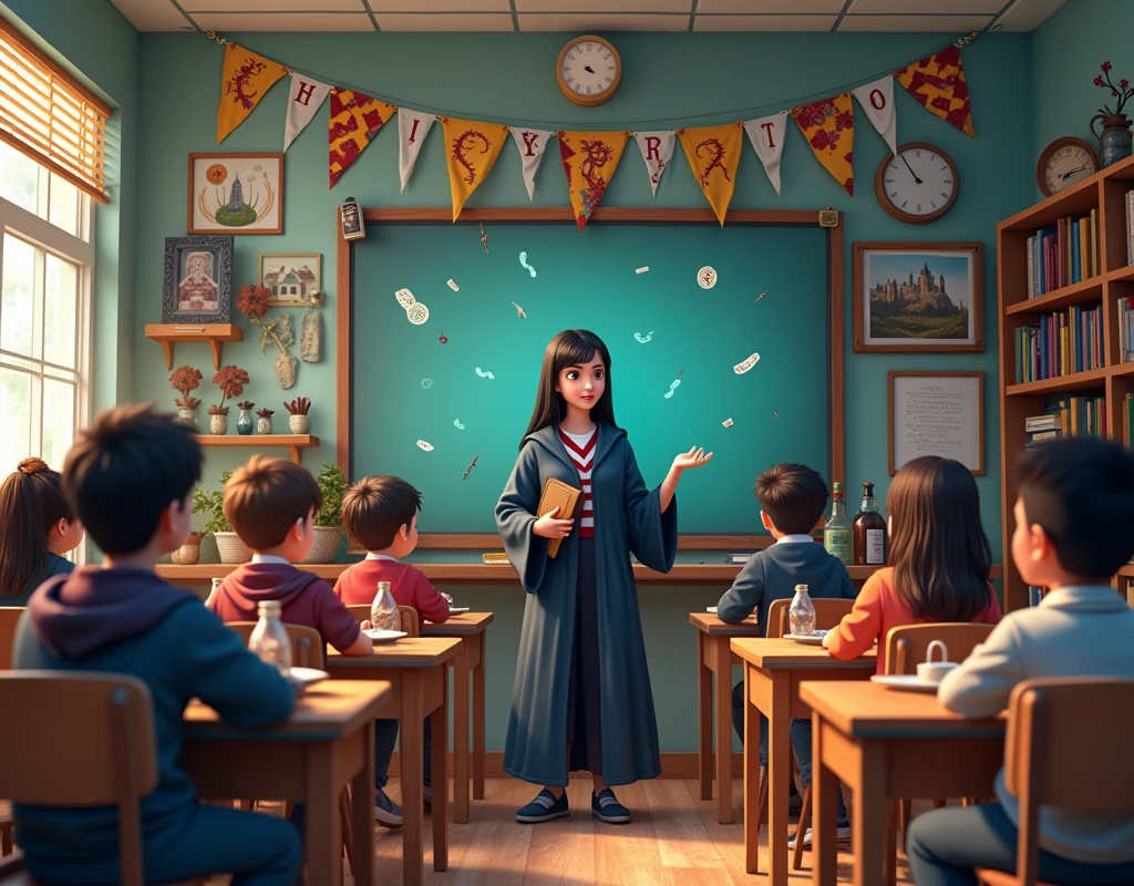 Horizontal image of an elementary school classroom with a female teacher with black hair and students. in a fun Harry Potter themed class, with the four houses of hogwarts

