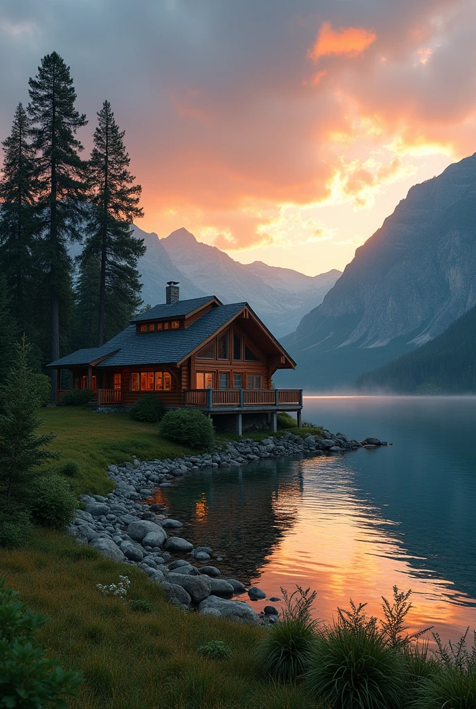A cozy cabin on the edge of a magnificent lake, in a landscape in the mountains of Canada, with lush vegetation, with sunset on the horizon HDR, masterpiece, 8k