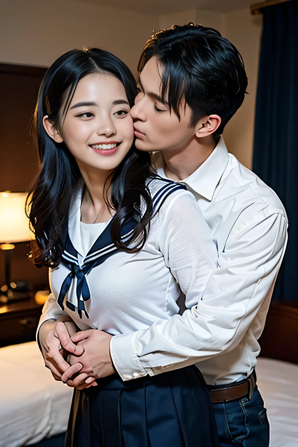 masterpiece、top-quality、(1 Faceless 18-year-old boy:1.3)、1girl in、14-year-old junior high school girl with blond long hair、(Uniforms:1.2), Brown eyes,(right hand Boy grabs girl's chest:1.3), (left hand Boy touch girl vagina:1.7), half open bra & Skirt, (Classroom:0.8), (Evening glow:0.7),(small tits:1.2), (mournfull face:0.8)、(Sweat flows:0.7), NSFW