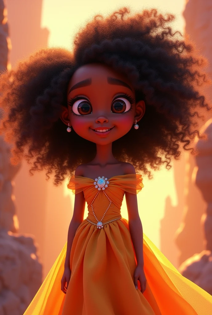 Pixar-style princess poster of a  girl in a dress with dark skin and big eyes and curly hair  