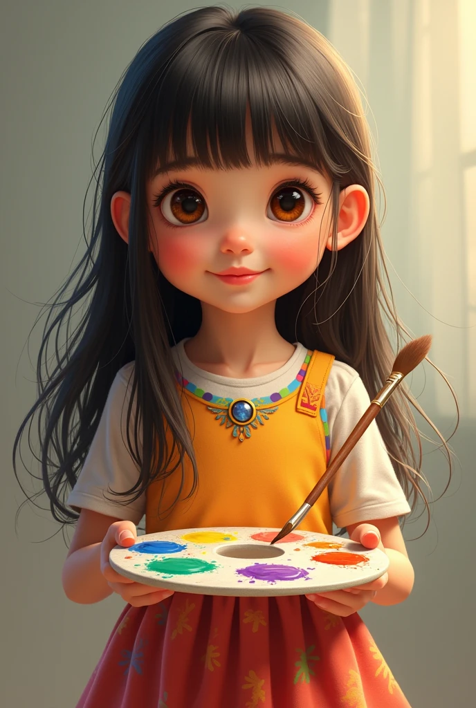 Create a  ,  white with long straight dark brown hair and short bangs, com olhos castanhos, with colorful dress, and holding a brush and color palette in his hand. 