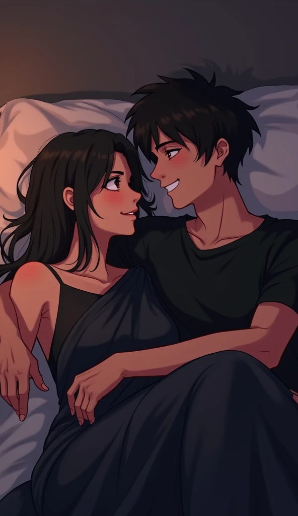 "In a dimly lit room, a 20 Year-old anime couple is lying on a bed together. The girl wears a modern black saree, while the boy is dressed in a black t-shirt. Both have playful, flirtatious expressions but the boy is smiling in a mischievous and sexy way, with their eyes showing a mix of affection and teasing. The soft, ambient lighting and gentle shadows create a cozy, intimate atmosphere, focusing on their close connection and the romantic mood of the scene, 'full body'."