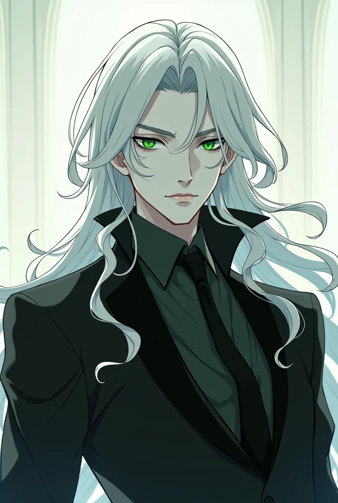 Anime Style, Male, White Skin, Green Emerald Eyes, Semi-closed Eyes, Long White Hair, Elegant black Clothes, Serious Expression,
