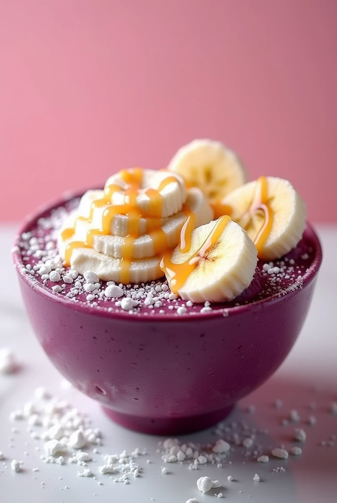Create a photo of an acai cup with banana, condensed milk and powdered milk 