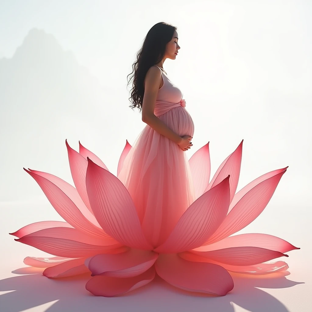 full length, black hair pregnant woman, Beautiful face, dress made of red rose petals, Light pink and light white tones, Esbian Full Body, White background, daylight, Efeito de Luz, Minimalistic, Solar, pure tenderness, soft lighting, Realism. beautiful woman, on a super giant lotus with double and long petals (petals made of thin, soft transparent,streaming, fabrics, full background of flowing petals, floating flower, super flying petals, Smoke effect, Fog, some water reflaciton mixed with petals), lotus dress, ((ss-through)) full length.