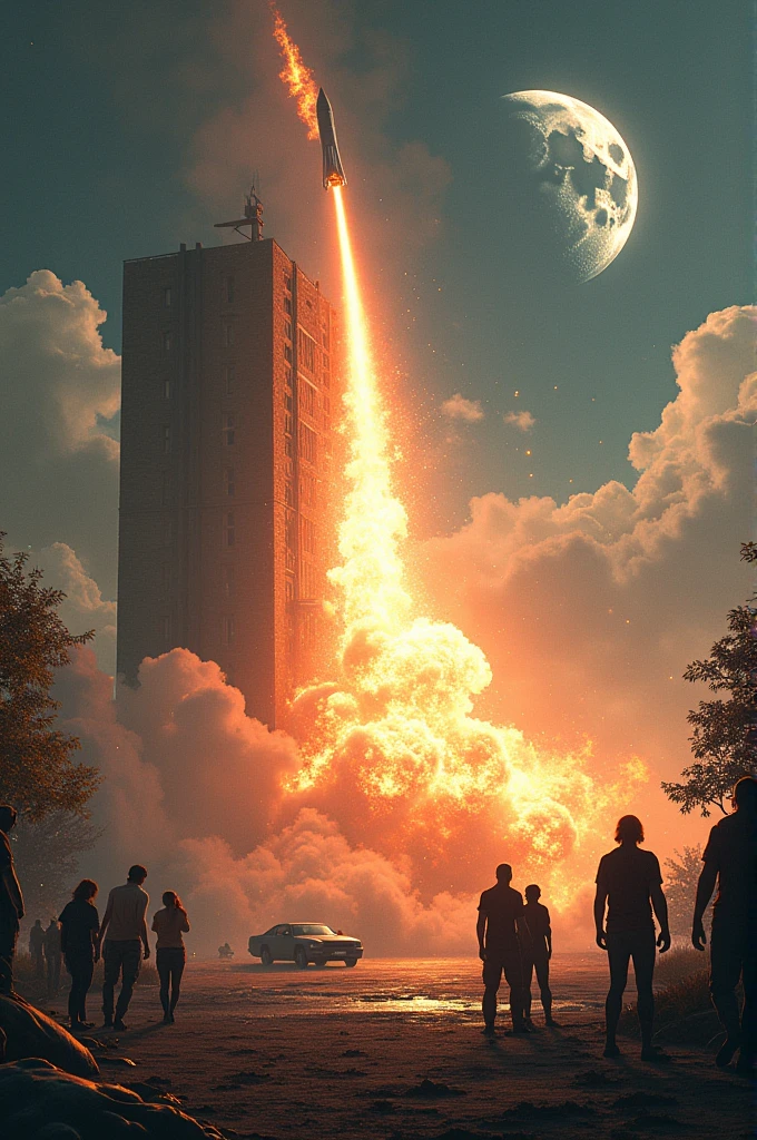 The rocket goes there and blows up the moon, the roof, the leaf, the ground, the car and the people.